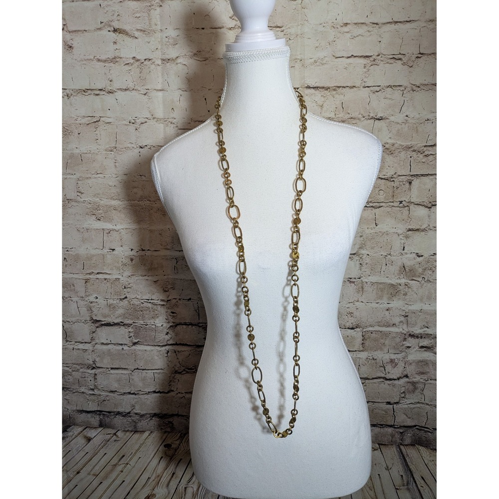 Long Modernist Necklace In Brass Tone With Oval Chain Links Abstract Vintage